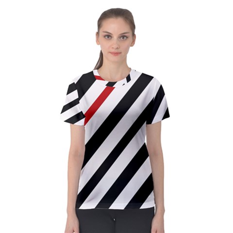 Red, Black And White Lines Women s Sport Mesh Tee by Valentinaart