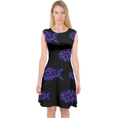 Purple Fishes Pattern Capsleeve Midi Dress