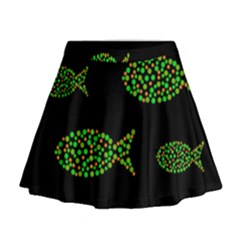 Green Fishes Pattern Mini Flare Skirt by Valentinaart