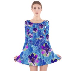 Purple Flowers Long Sleeve Velvet Skater Dress