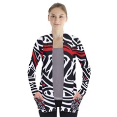 Red, Black And White Abstract Art Women s Open Front Pockets Cardigan(p194)