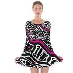 Magenta, Black And White Abstract Art Long Sleeve Skater Dress