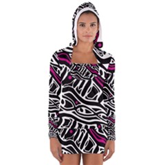 Magenta, Black And White Abstract Art Women s Long Sleeve Hooded T-shirt by Valentinaart