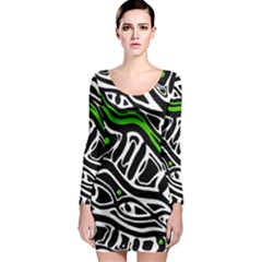 Green, black and white abstract art Long Sleeve Bodycon Dress