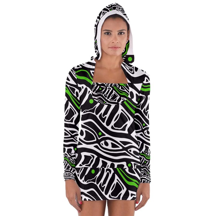 Green, black and white abstract art Women s Long Sleeve Hooded T-shirt