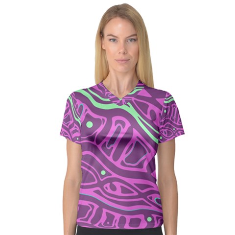 Purple And Green Abstract Art Women s V-neck Sport Mesh Tee by Valentinaart