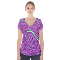 Purple And Green Abstract Art Short Sleeve Front Detail Top by Valentinaart