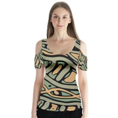 Green Abstract Art Butterfly Sleeve Cutout Tee 