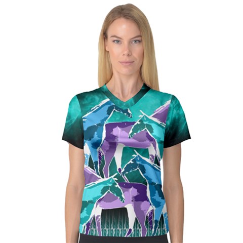  Horses Under A Galaxy Women s V-neck Sport Mesh Tee by DanaeStudio