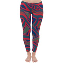 Red And Green Abstract Art Winter Leggings  by Valentinaart