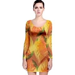 Fall Colors Leaves Pattern Long Sleeve Velvet Bodycon Dress by DanaeStudio