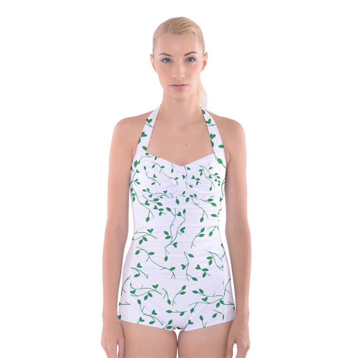 Nature pattern Boyleg Halter Swimsuit 