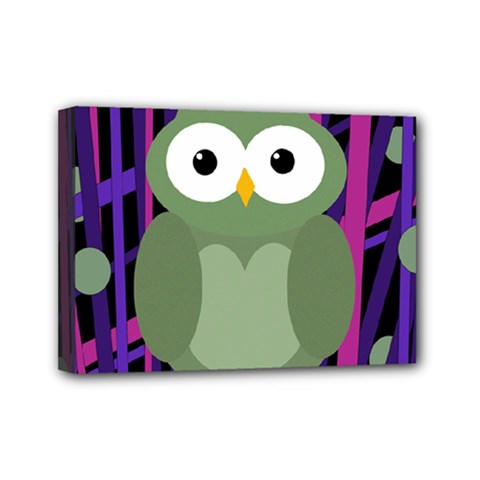 Green and purple owl Mini Canvas 7  x 5 