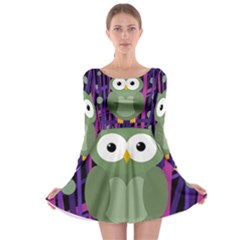 Green and purple owl Long Sleeve Skater Dress