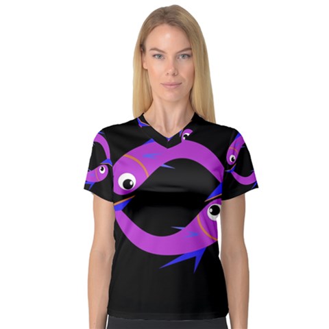 Purple Fishes Women s V-neck Sport Mesh Tee by Valentinaart