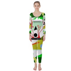 Green Abstract Artwork Long Sleeve Catsuit by Valentinaart