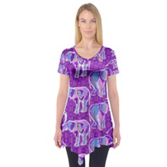 Cute Violet Elephants Pattern Short Sleeve Tunic  by DanaeStudio