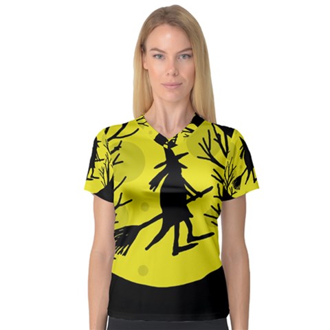 Halloween Witch - Yellow Moon Women s V-neck Sport Mesh Tee by Valentinaart