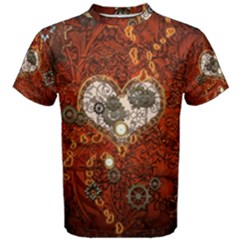 Steampunk, Wonderful Heart With Clocks And Gears On Red Background Men s Cotton Tee by FantasyWorld7