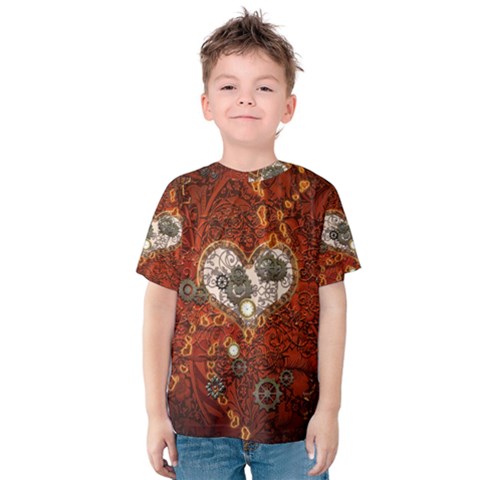 Steampunk, Wonderful Heart With Clocks And Gears On Red Background Kid s Cotton Tee by FantasyWorld7