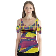 Yellow High Art Abstraction Butterfly Sleeve Cutout Tee 