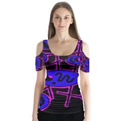 Blue And Magenta Abstraction Butterfly Sleeve Cutout Tee 