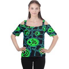 Green and blue abstraction Women s Cutout Shoulder Tee