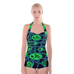 Green and blue abstraction Boyleg Halter Swimsuit 