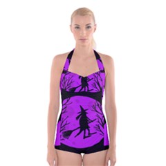 Halloween Witch - Purple Moon Boyleg Halter Swimsuit  by Valentinaart