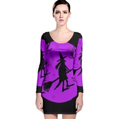 Halloween Witch - Purple Moon Long Sleeve Velvet Bodycon Dress by Valentinaart