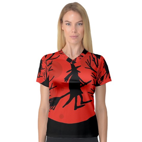 Halloween Witch - Red Moon Women s V-neck Sport Mesh Tee by Valentinaart