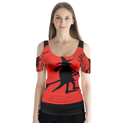 Halloween Witch - Red Moon Butterfly Sleeve Cutout Tee  by Valentinaart