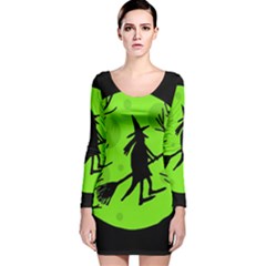 Halloween Witch - Green Moon Long Sleeve Velvet Bodycon Dress by Valentinaart