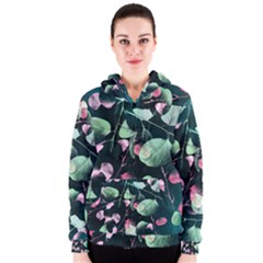 Modern Green And Pink Leaves Women s Zipper Hoodie by DanaeStudio