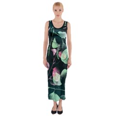 Modern Green And Pink Leaves Fitted Maxi Dress by DanaeStudio