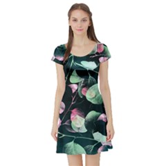 Modern Green And Pink Leaves Short Sleeve Skater Dress by DanaeStudio