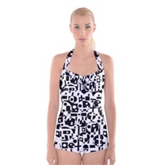 Black And White Abstract Chaos Boyleg Halter Swimsuit  by Valentinaart