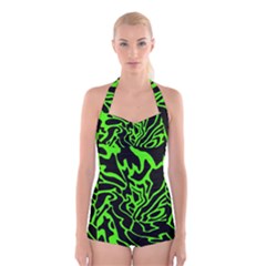 Green And Black Boyleg Halter Swimsuit  by Valentinaart