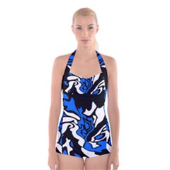 Blue, black and white decor Boyleg Halter Swimsuit 