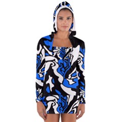 Blue, black and white decor Women s Long Sleeve Hooded T-shirt