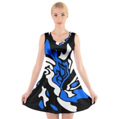 Blue, black and white decor V-Neck Sleeveless Skater Dress