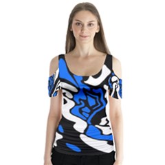 Blue, black and white decor Butterfly Sleeve Cutout Tee 