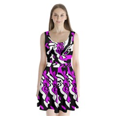 Purple, White And Black Decor Split Back Mini Dress 