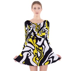 Yellow, Black And White Decor Long Sleeve Velvet Skater Dress by Valentinaart