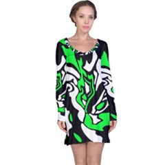 Green, White And Black Decor Long Sleeve Nightdress