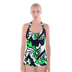 Green, White And Black Decor Boyleg Halter Swimsuit  by Valentinaart