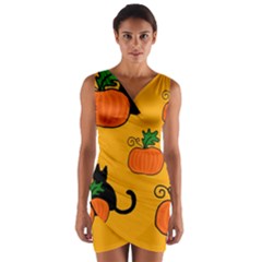 Halloween Pumpkins And Cats Wrap Front Bodycon Dress by Valentinaart