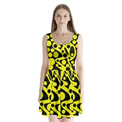Black And Yellow Abstract Desing Split Back Mini Dress 