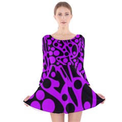 Purple And Black Abstract Decor Long Sleeve Velvet Skater Dress