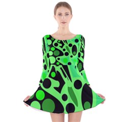 Green Abstract Decor Long Sleeve Velvet Skater Dress by Valentinaart